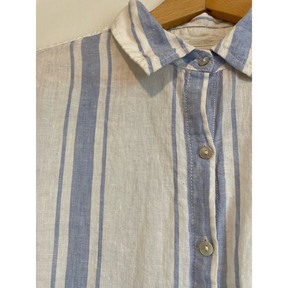 Jones & Co blue striped linen button up shirt collared roll tab sleeves Size L - Picture 3 of 7